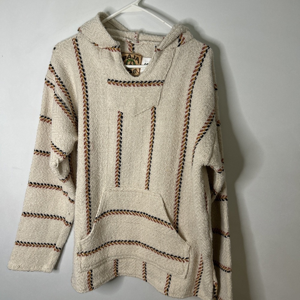 Baja Joe Men Sweatshirt S Beige Striped Hoodie Gorpcore Long Sleeve